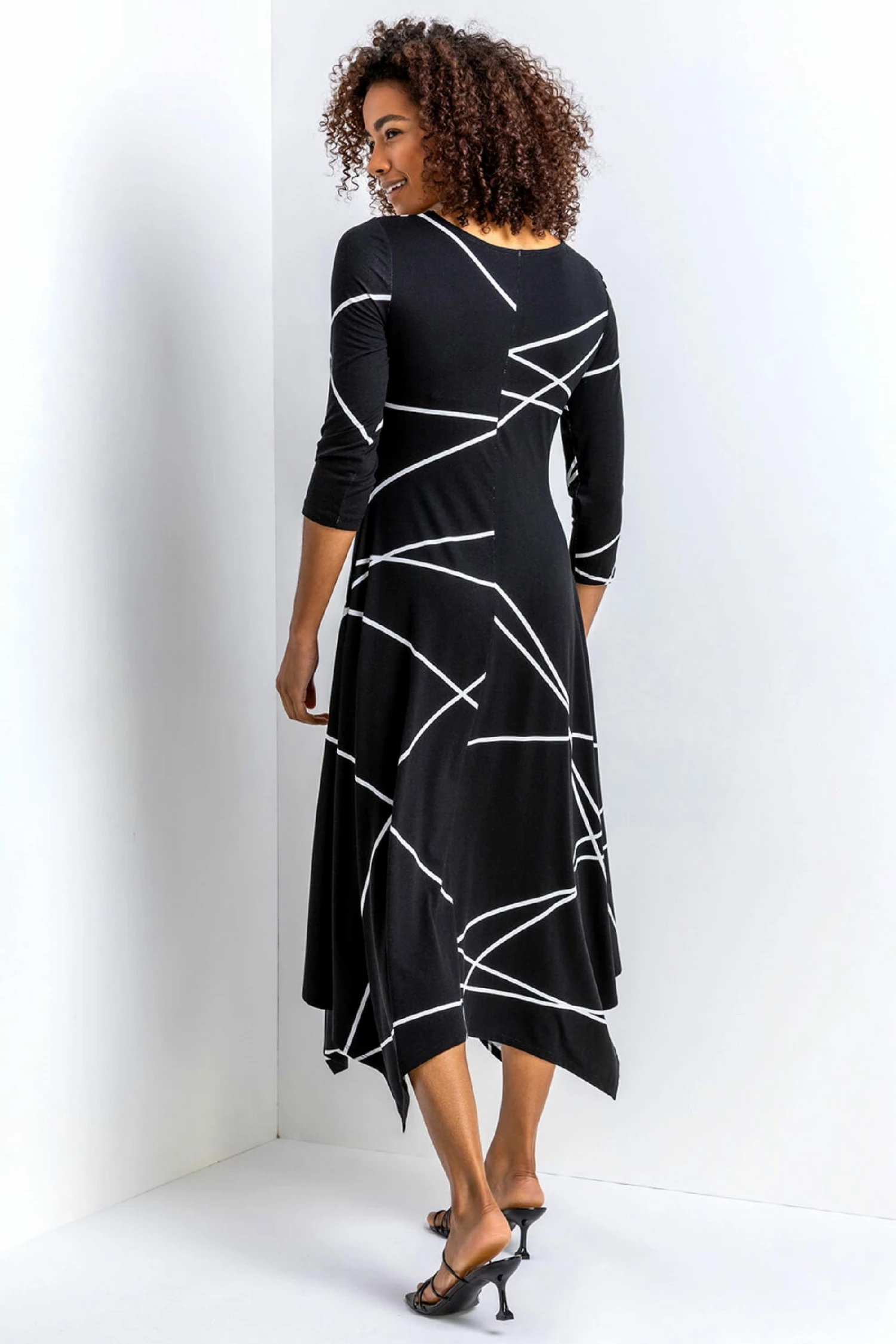Roman Black Linear Print Hanky Hem Dress 4 Roman Black Linear Print Hanky Hem Dress - Image 2