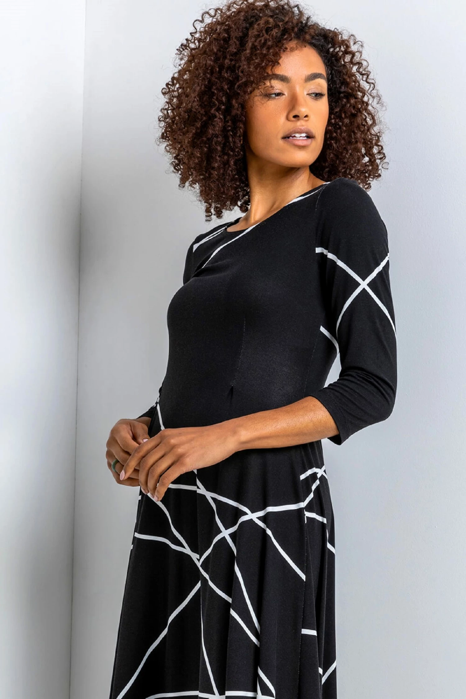 Roman Black Linear Print Hanky Hem Dress 5 Roman Black Linear Print Hanky Hem Dress - Image 3