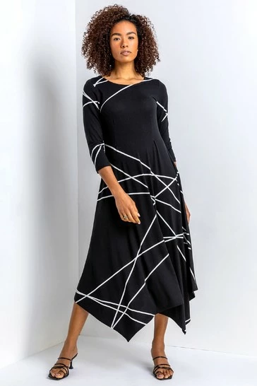 Roman Black Linear Print Hanky Hem Dress 7 Roman Black Linear Print Hanky Hem Dress - Image 5