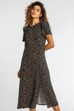 Roman Black Spot Print Side Split Dress