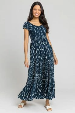 Roman Blue Aztec Tie Detail Tiered Maxi Dress