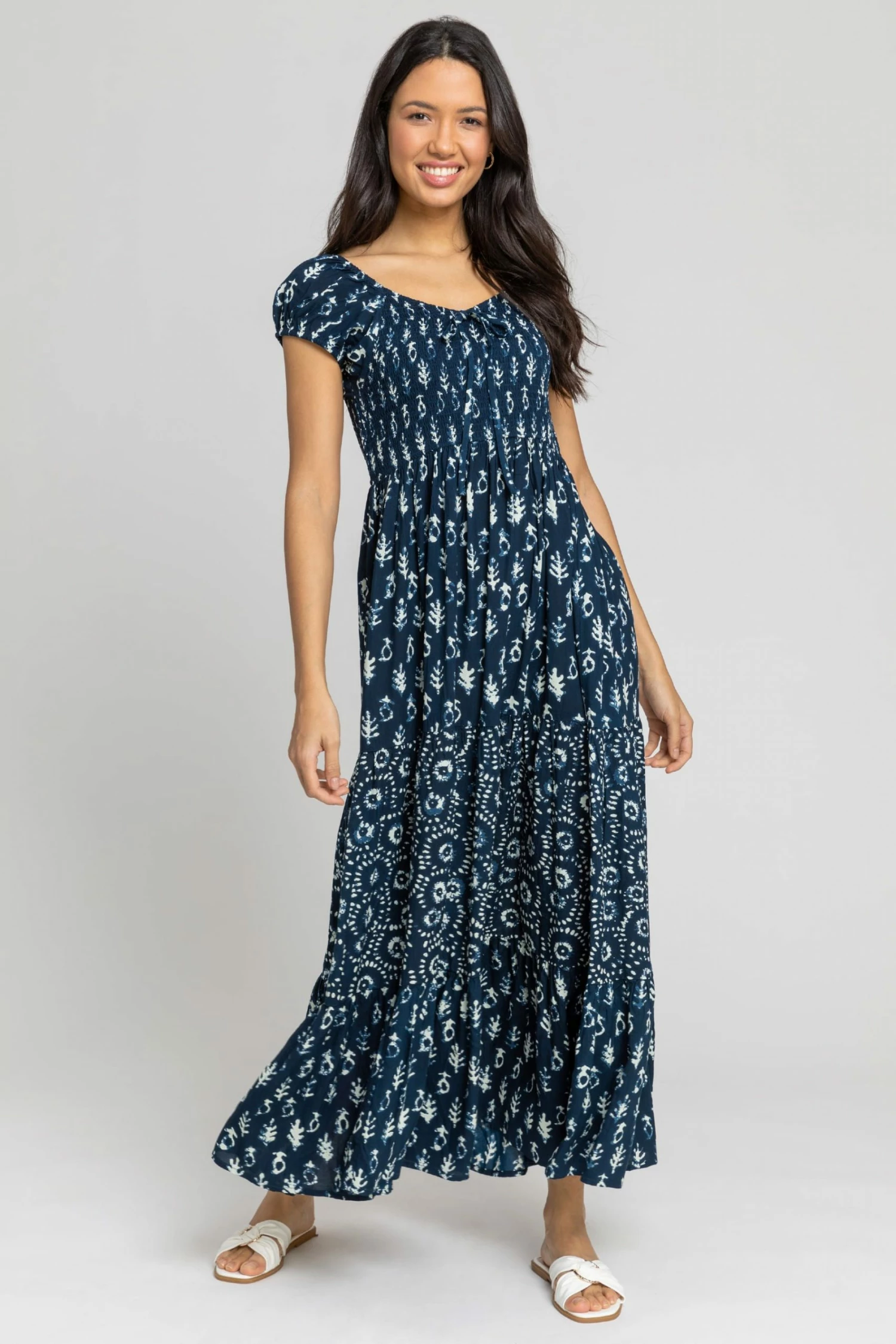 Roman Blue Aztec Tie Detail Tiered Maxi Dress 3 Roman Blue Aztec Tie Detail Tiered Maxi Dress