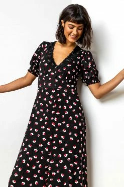 Roman Red Lace Trim Floral Print Midi Dress -Roman Sales Shop unnamed file 228