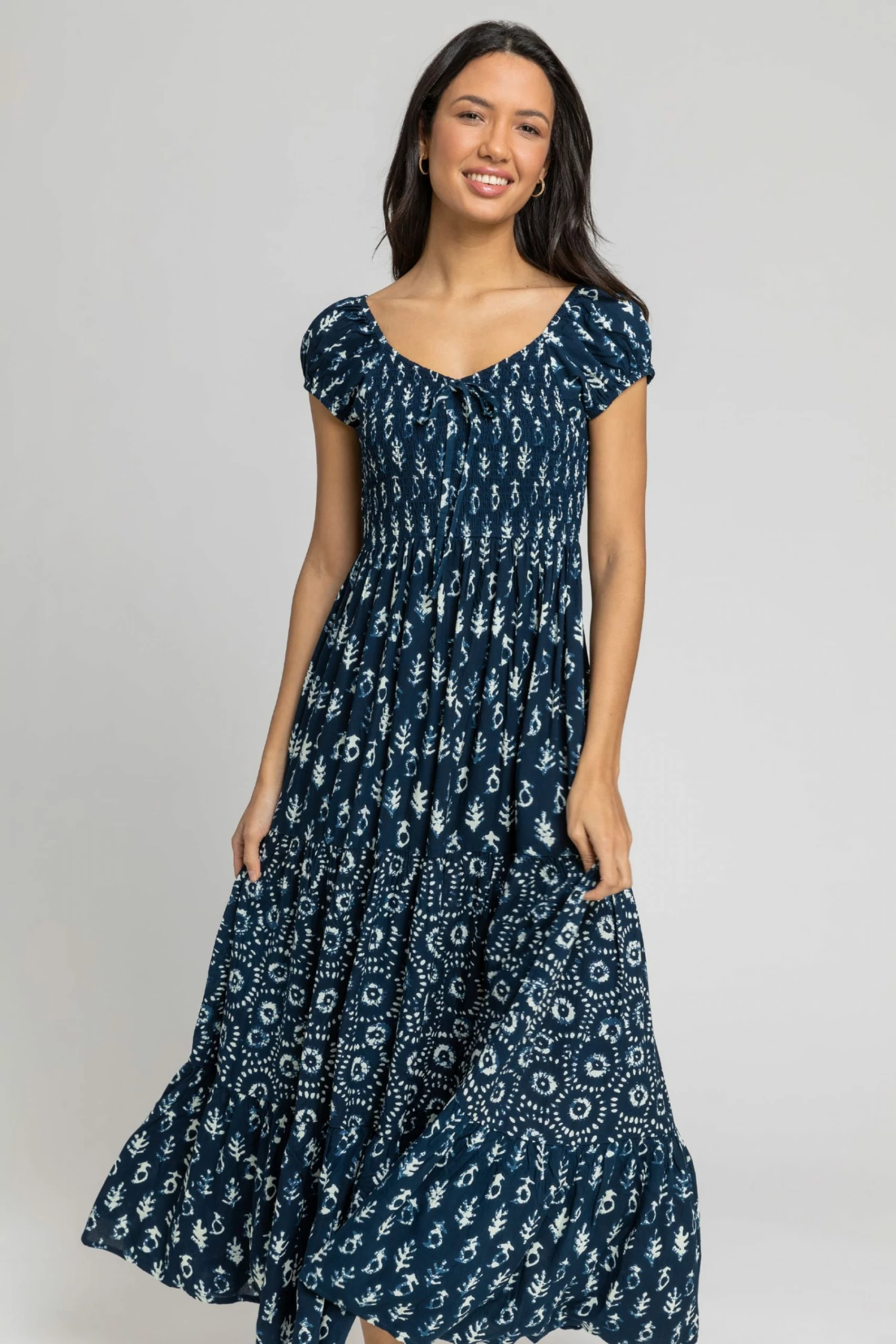Roman Blue Aztec Tie Detail Tiered Maxi Dress 5 Roman Blue Aztec Tie Detail Tiered Maxi Dress - Image 3
