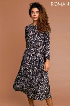 Roman Brown Snake Print Shoulder Frill Midi Dress