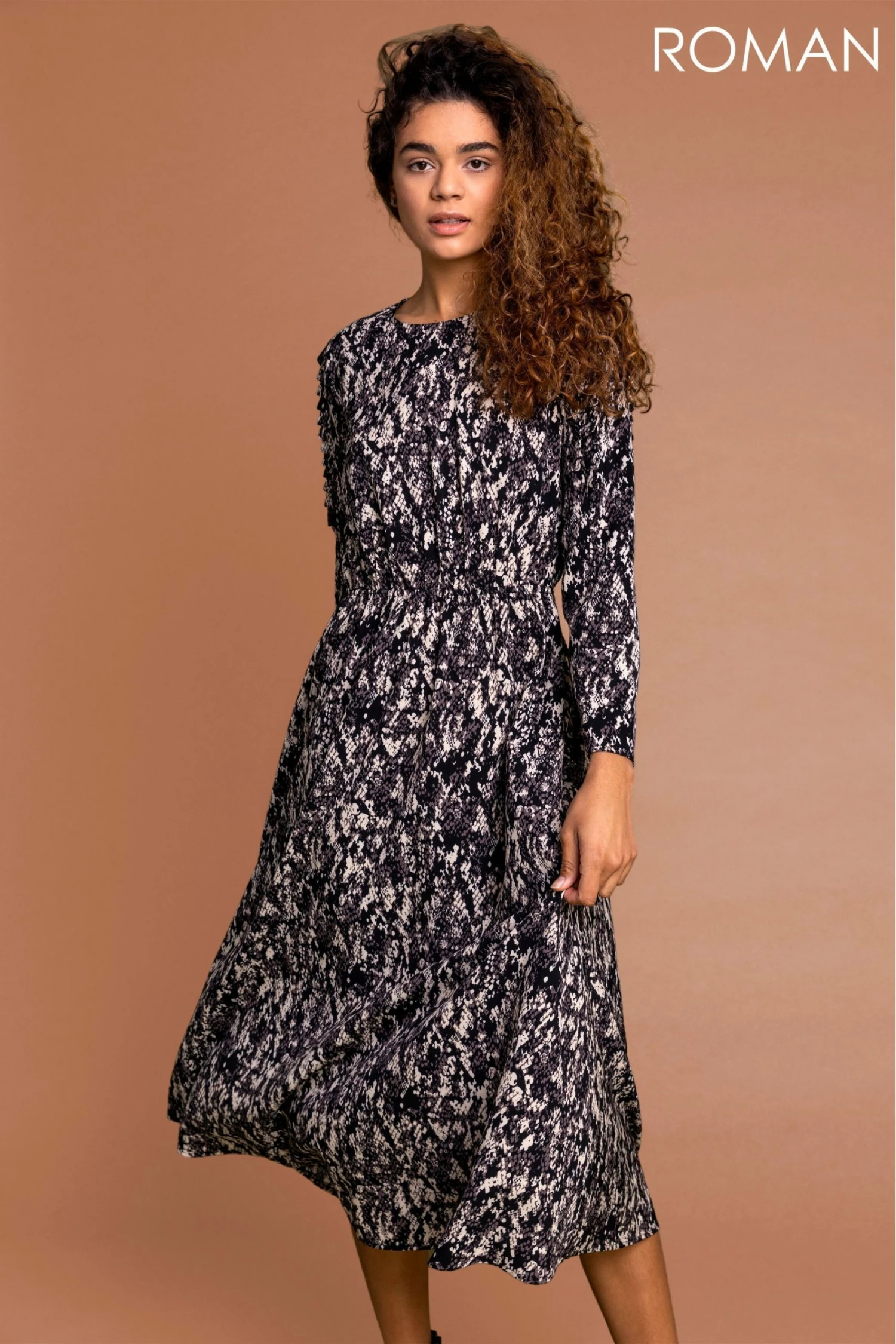 Roman Brown Snake Print Shoulder Frill Midi Dress 3 Roman Brown Snake Print Shoulder Frill Midi Dress