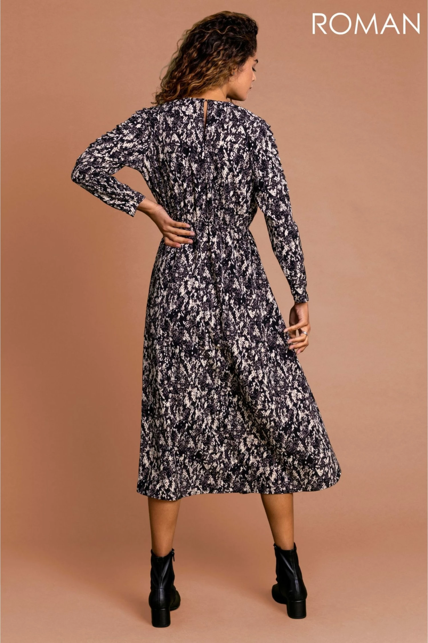 Roman Brown Snake Print Shoulder Frill Midi Dress 4 Roman Brown Snake Print Shoulder Frill Midi Dress - Image 2