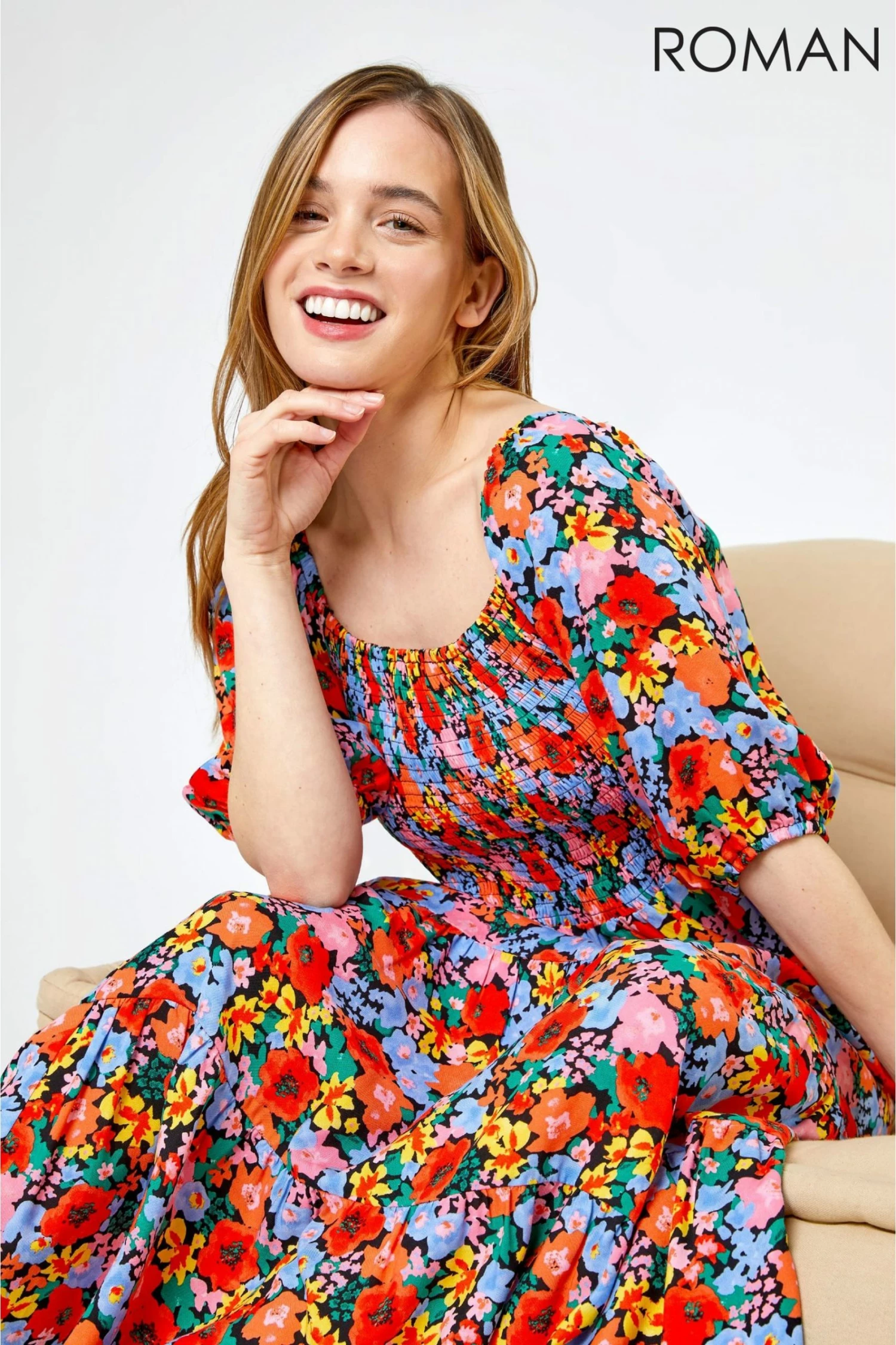 Roman Orange Petite Floral Shirred Maxi Dress 6 Roman Orange Petite Floral Shirred Maxi Dress - Image 4