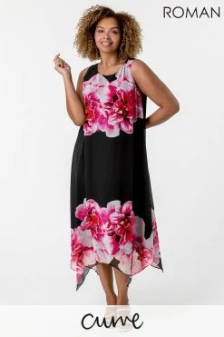 Roman Black Curve Floral Asymmetric Chiffon Dress