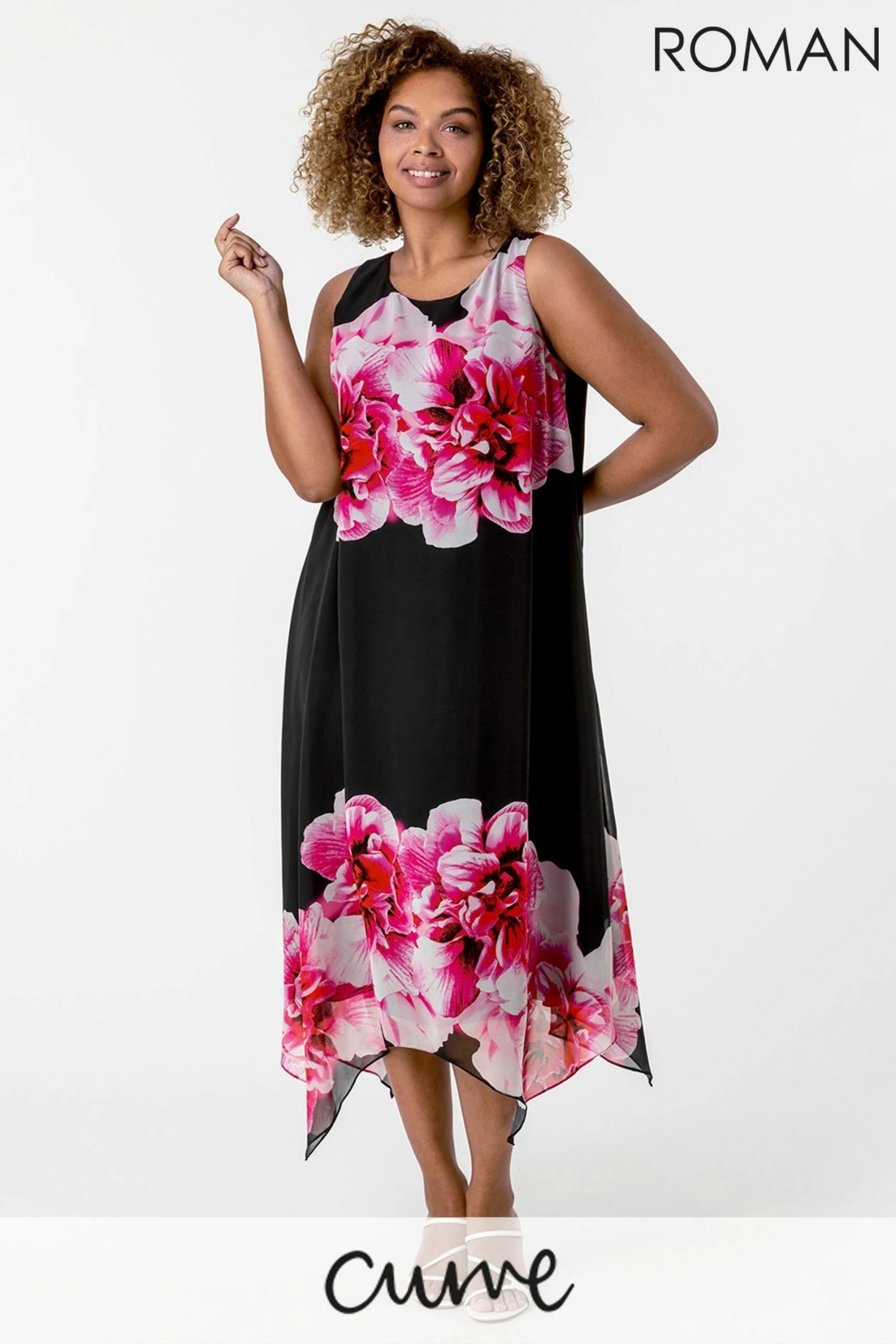 Roman Black Curve Floral Asymmetric Chiffon Dress 3 Roman Black Curve Floral Asymmetric Chiffon Dress
