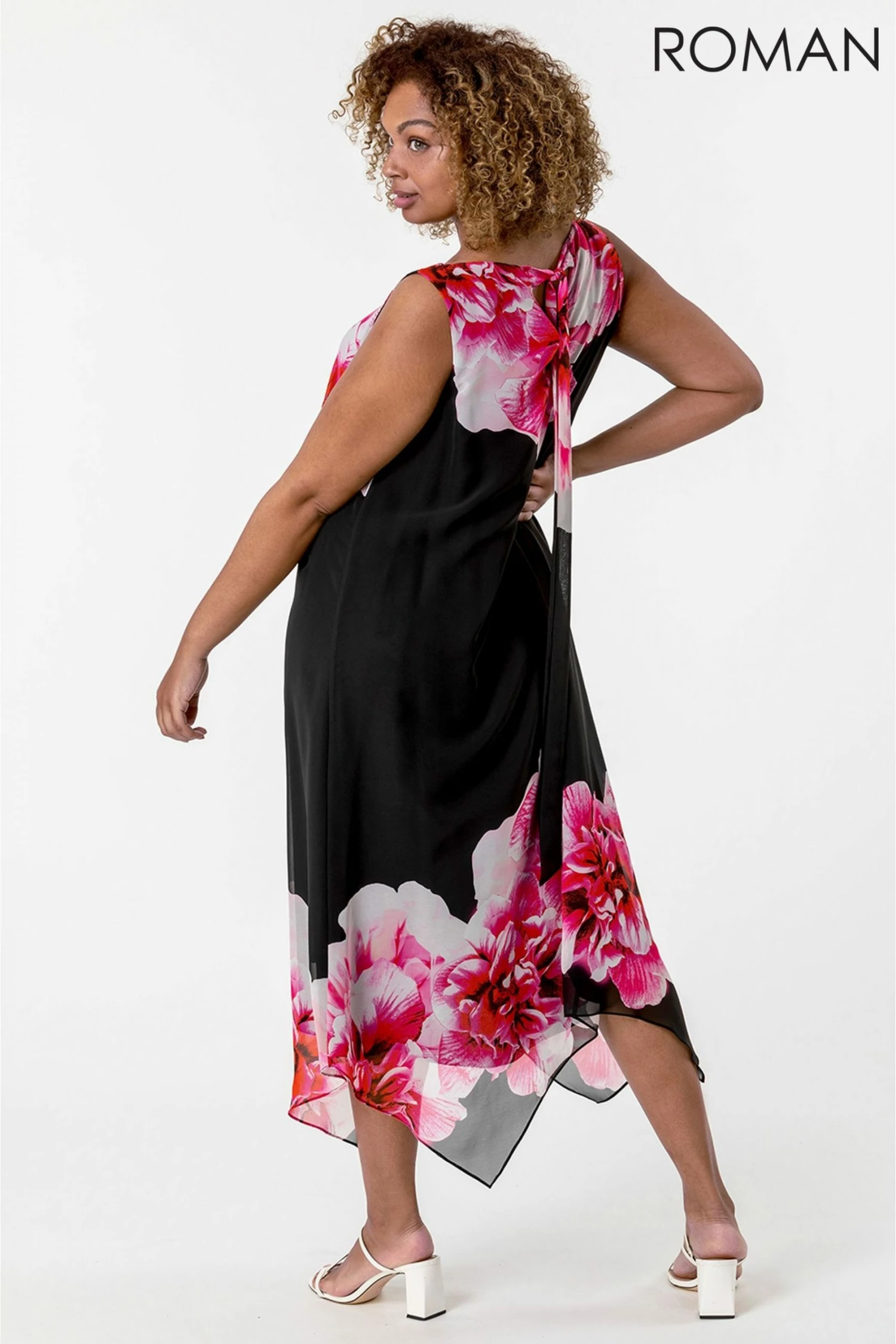 Roman Black Curve Floral Asymmetric Chiffon Dress 4 Roman Black Curve Floral Asymmetric Chiffon Dress - Image 2