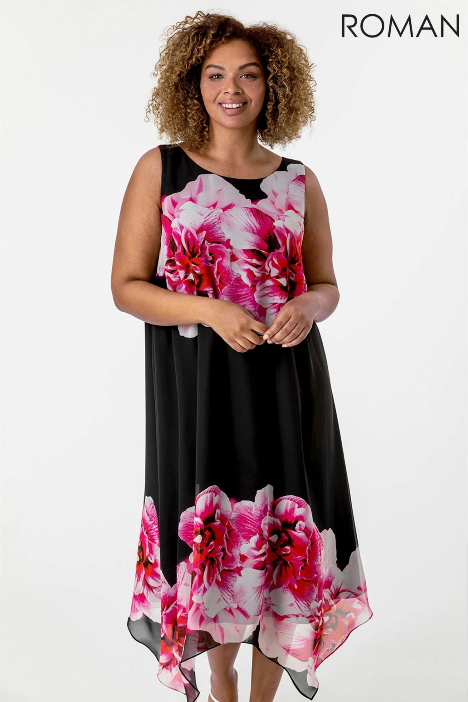 Roman Black Curve Floral Asymmetric Chiffon Dress 5 Roman Black Curve Floral Asymmetric Chiffon Dress - Image 3