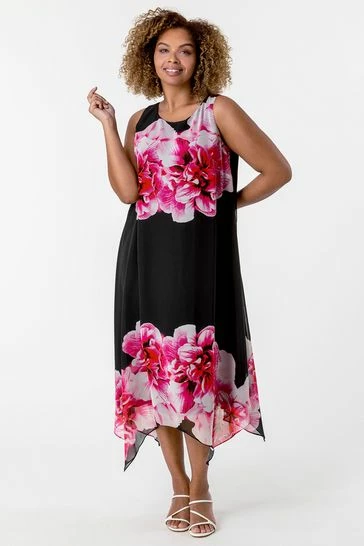 Roman Black Curve Floral Asymmetric Chiffon Dress 7 Roman Black Curve Floral Asymmetric Chiffon Dress - Image 5