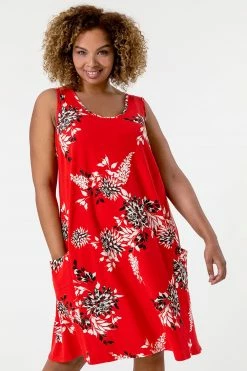 Roman Red Curve Floral Print Swing Dress