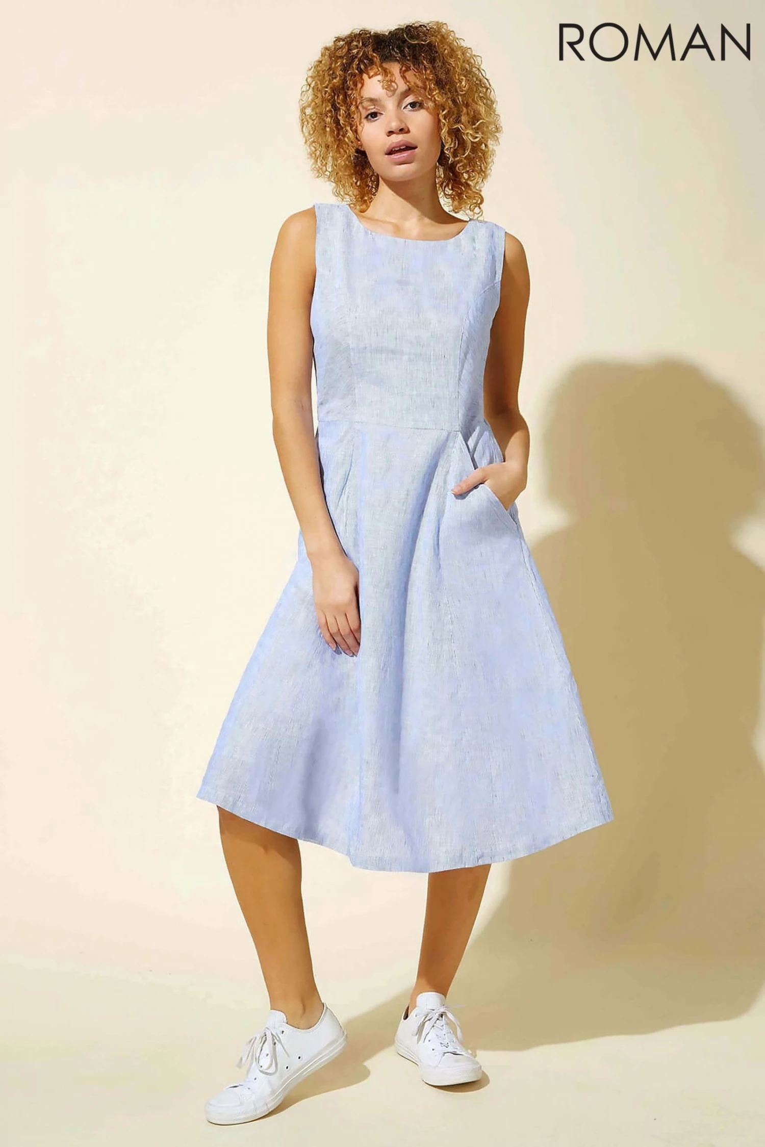 Roman Blue Fit & Flare Button Back Pocket Dress 3 Roman Blue Fit & Flare Button Back Pocket Dress