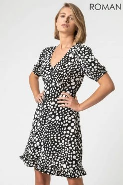 Roman Black Ditsy Spot Frill Detail Tea Dress