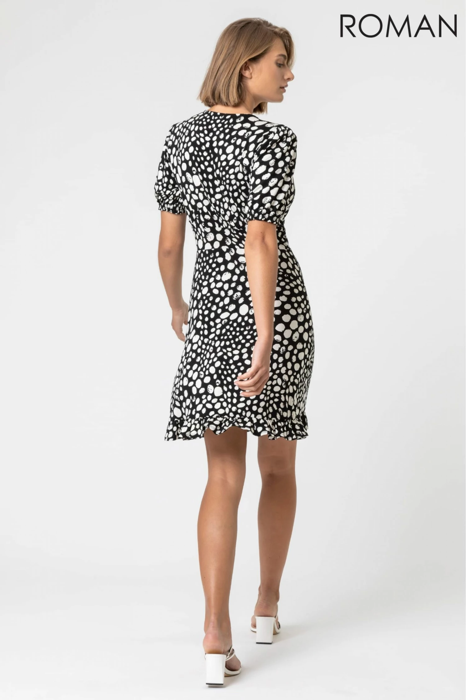 Roman Black Ditsy Spot Frill Detail Tea Dress 4 Roman Black Ditsy Spot Frill Detail Tea Dress - Image 2