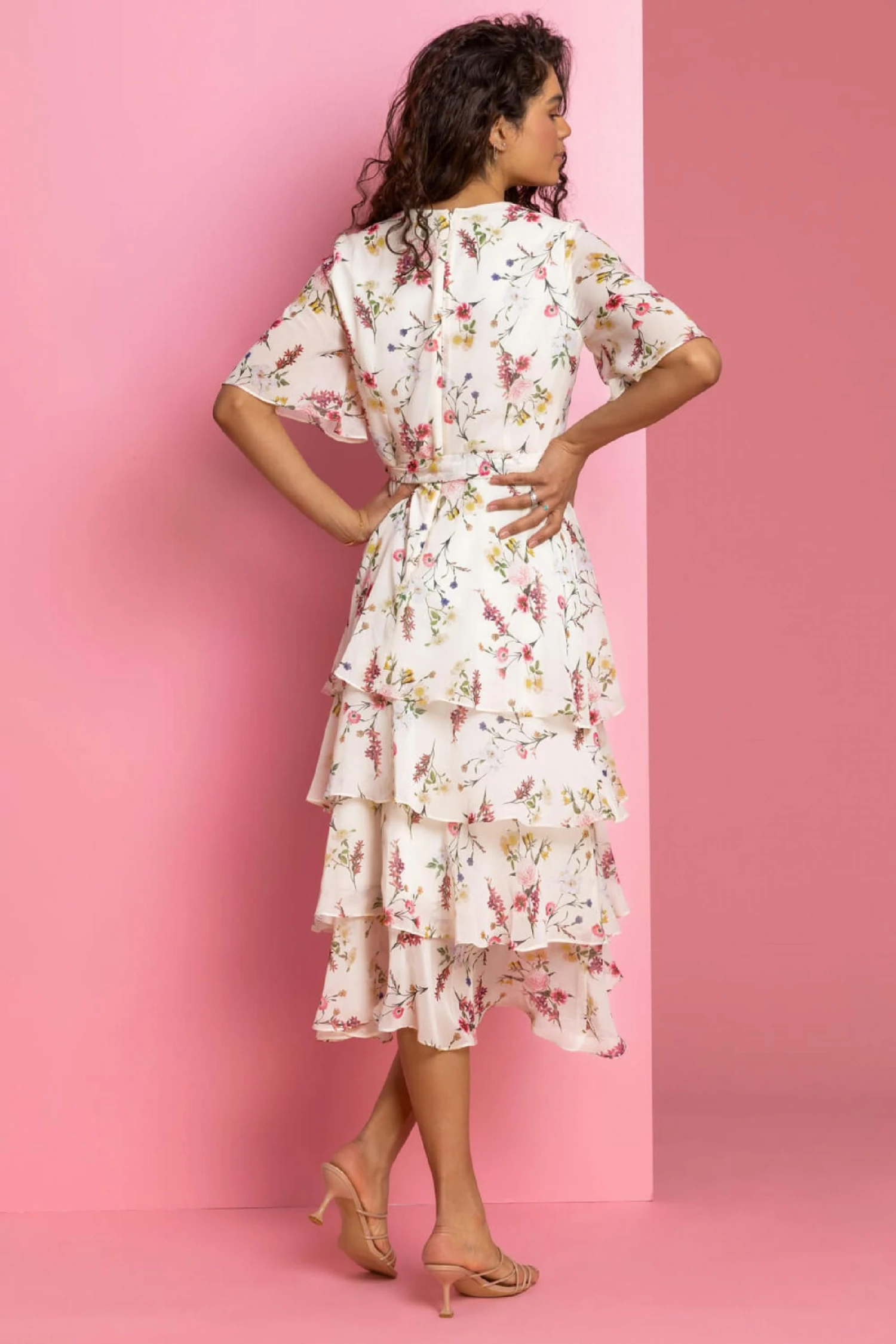 Roman White Floral Print Tiered Frill Midi Dress 5 Roman White Floral Print Tiered Frill Midi Dress - Image 3