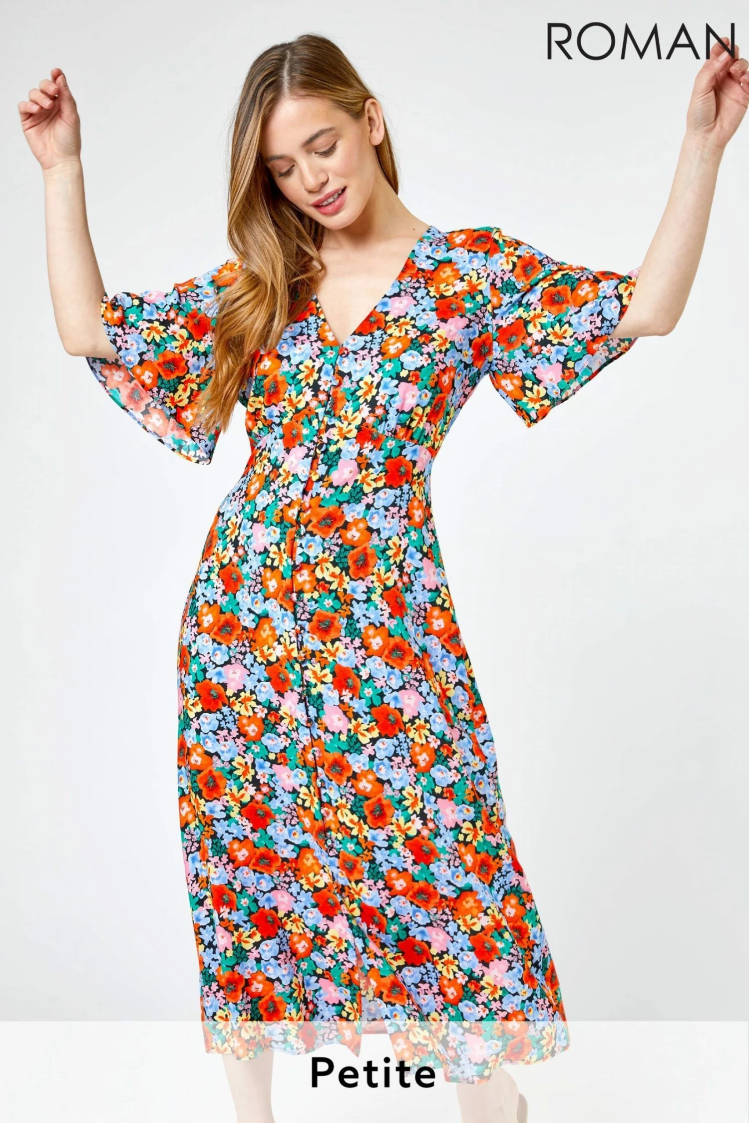 Roman Orange Petite Floral Button Through Midi Dress 3 Roman Orange Petite Floral Button Through Midi Dress