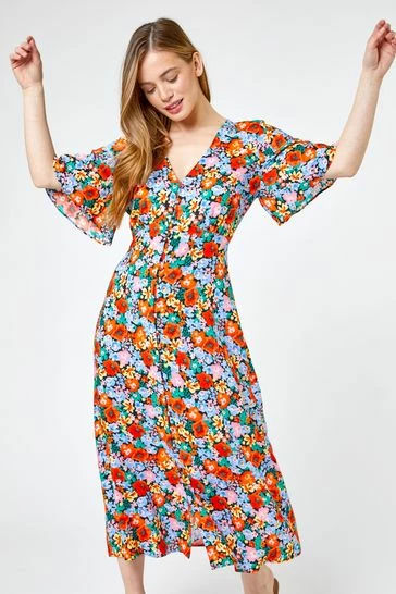 Roman Orange Petite Floral Button Through Midi Dress 7 Roman Orange Petite Floral Button Through Midi Dress - Image 5