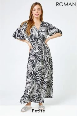 Roman Black Petite Tropical Print Shirred Maxi Dress -Roman Sales Shop unnamed file 2328