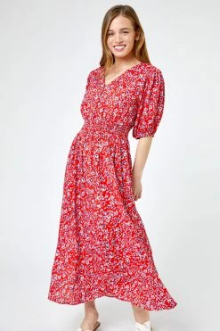 Roman Red Petite Floral Print Shirred Maxi Dress