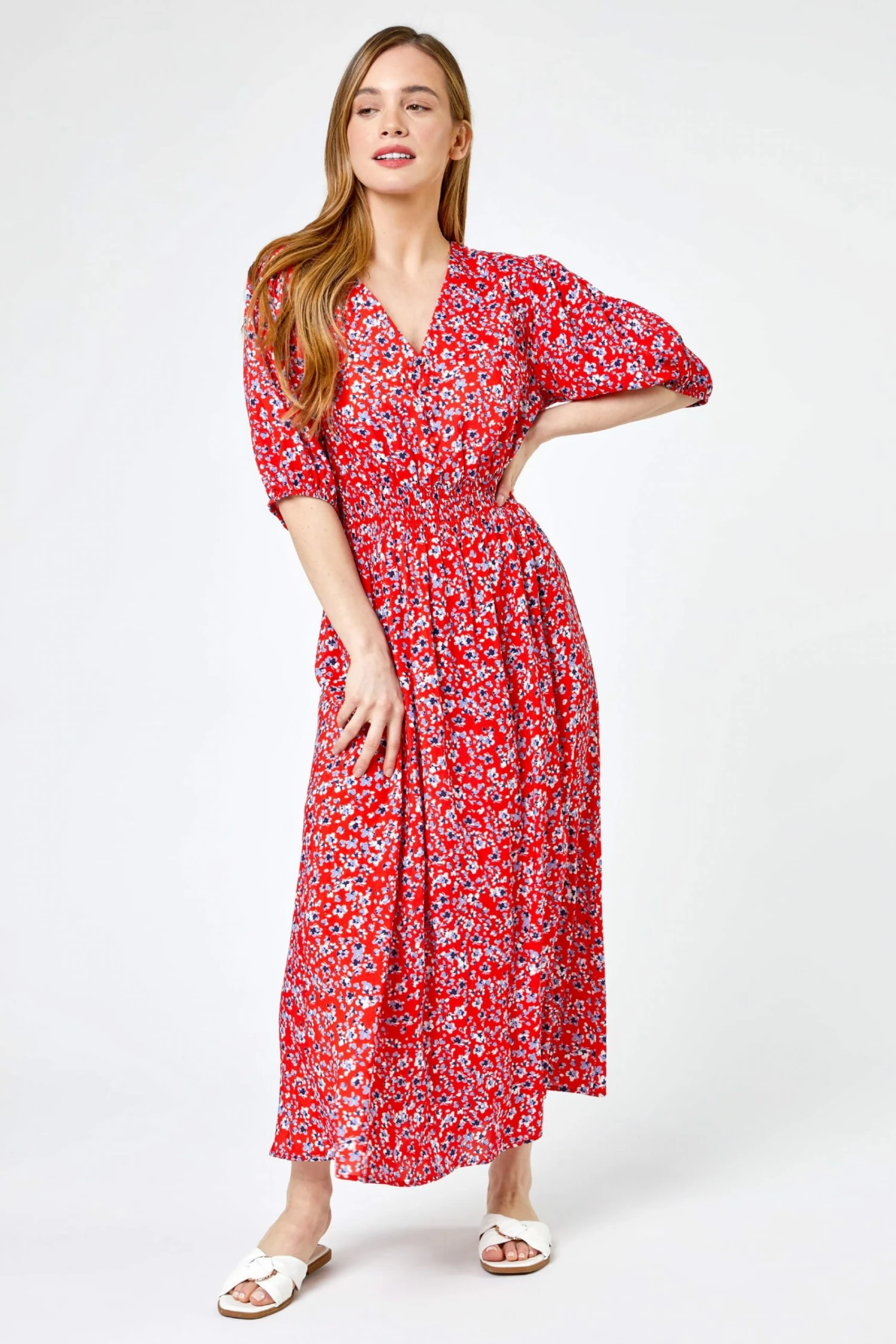 Roman Red Petite Floral Print Shirred Maxi Dress 5 Roman Red Petite Floral Print Shirred Maxi Dress - Image 3