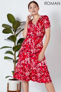 Roman Red Floral Print Tiered Midi Dress