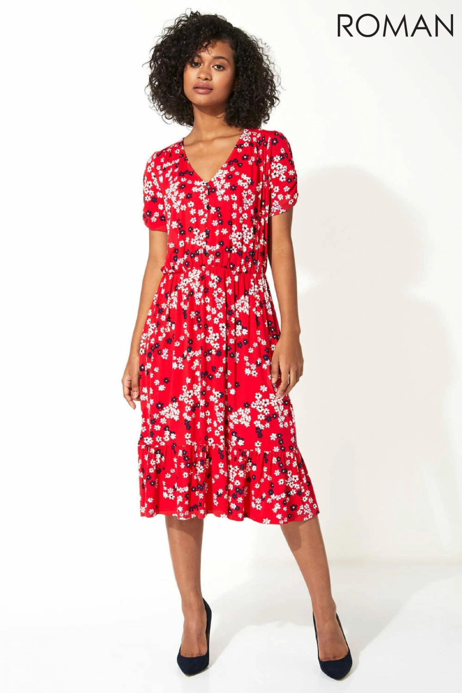 Roman Red Floral Print Tiered Midi Dress 4 Roman Red Floral Print Tiered Midi Dress - Image 2