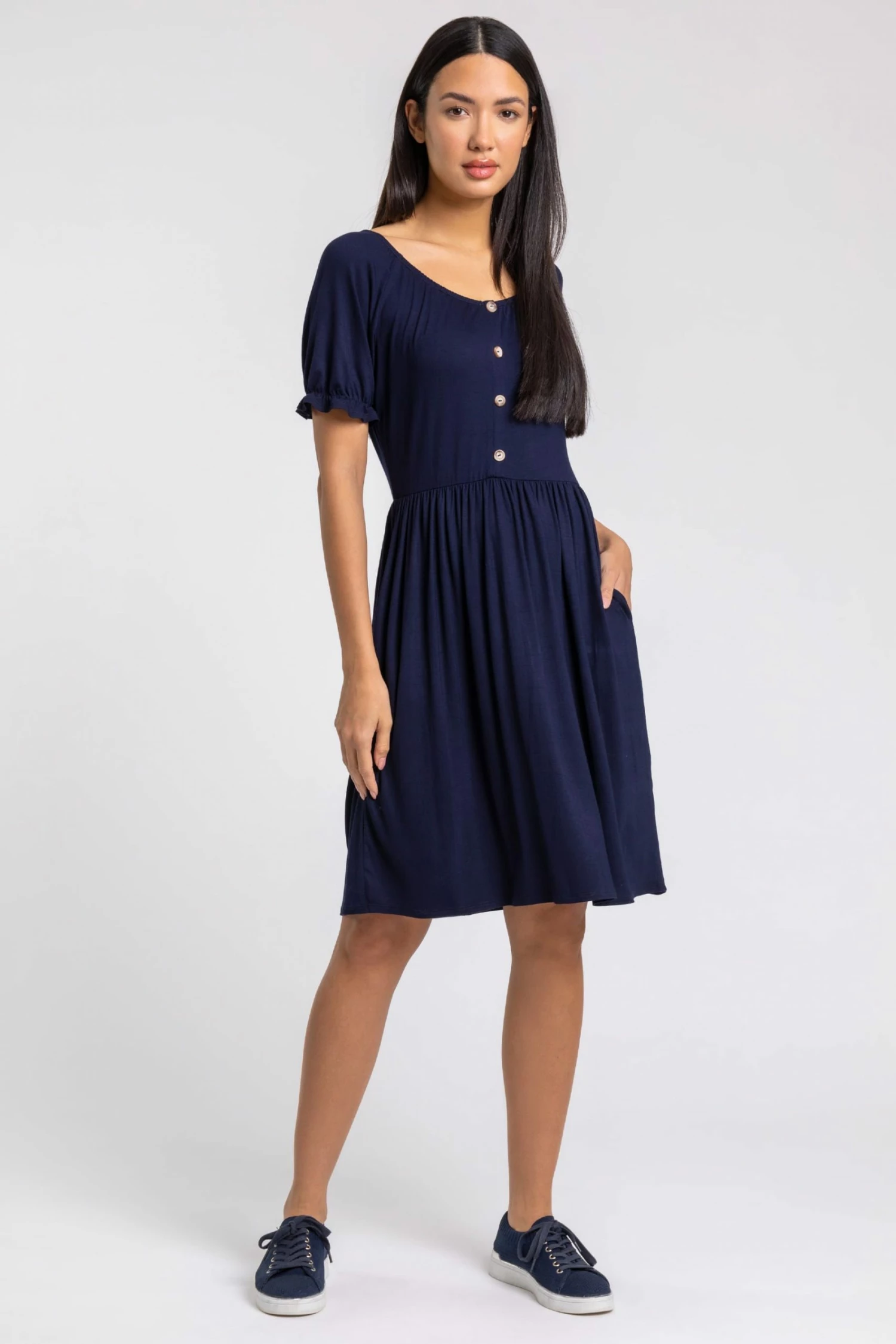 Roman Blue Puff Sleeve Buttoned Jersey Dress 4 Roman Blue Puff Sleeve Buttoned Jersey Dress - Image 2