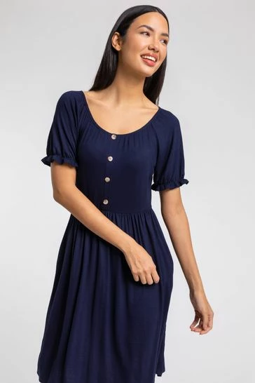Roman Blue Puff Sleeve Buttoned Jersey Dress 7 Roman Blue Puff Sleeve Buttoned Jersey Dress - Image 5