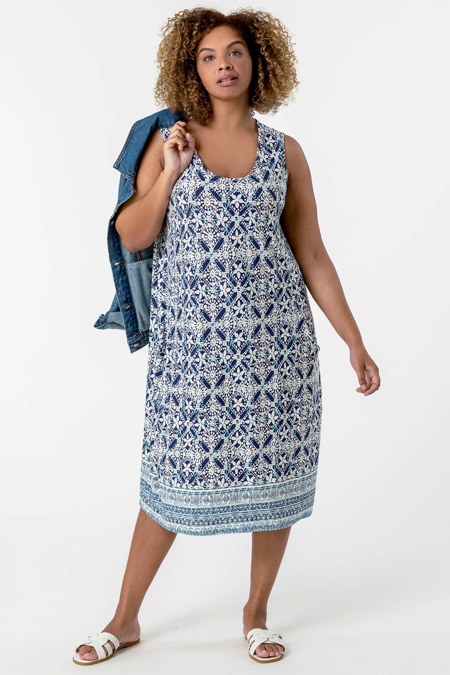 Roman Blue Curve Tile Print Cocoon Dress 3 Roman Blue Curve Tile Print Cocoon Dress