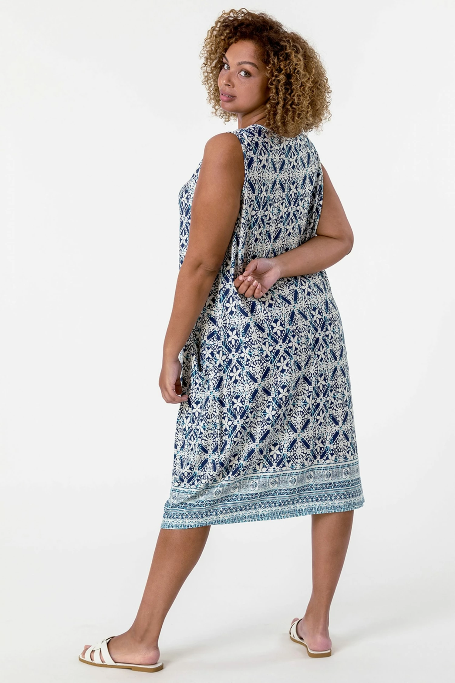 Roman Blue Curve Tile Print Cocoon Dress 4 Roman Blue Curve Tile Print Cocoon Dress - Image 2