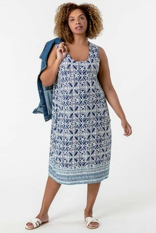 Roman Blue Curve Tile Print Cocoon Dress 8 Roman Blue Curve Tile Print Cocoon Dress - Image 6
