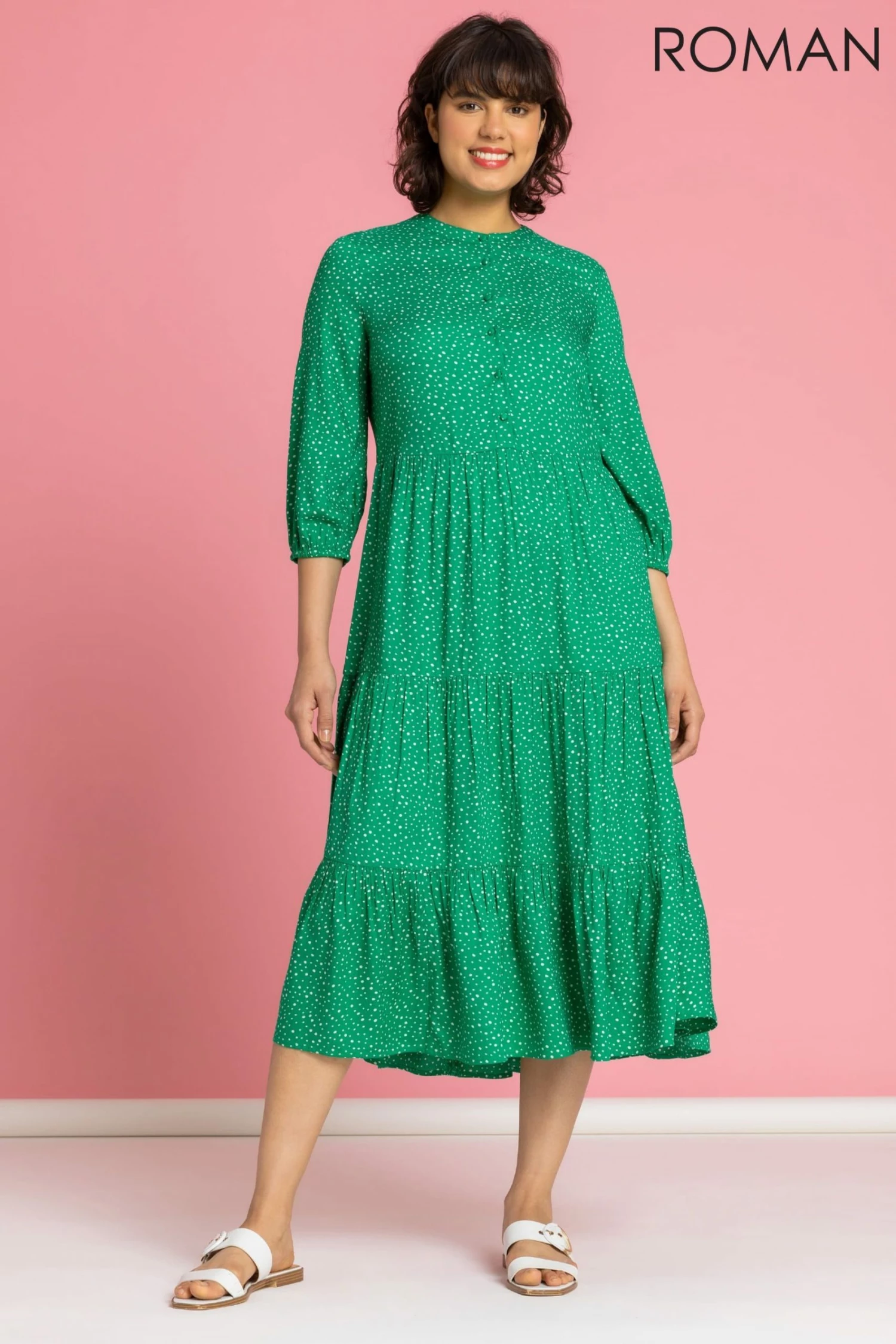 Roman Green Spot Print Tiered Button Midi Dress 3 Roman Green Spot Print Tiered Button Midi Dress