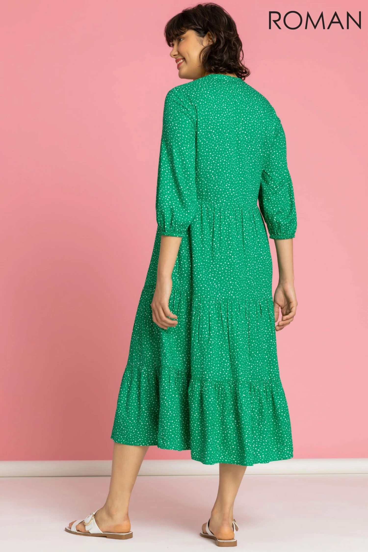 Roman Green Spot Print Tiered Button Midi Dress 4 Roman Green Spot Print Tiered Button Midi Dress - Image 2