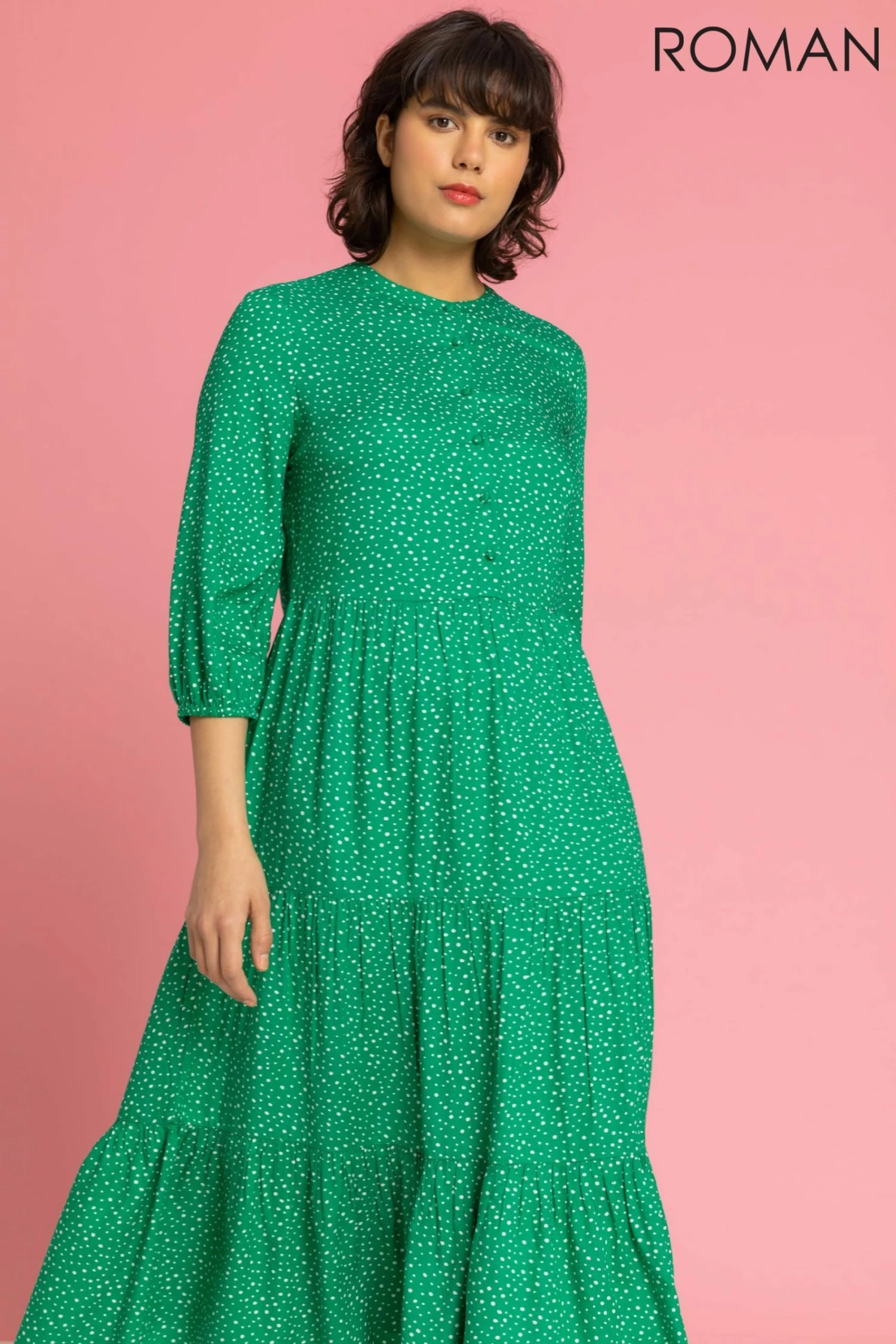 Roman Green Spot Print Tiered Button Midi Dress 5 Roman Green Spot Print Tiered Button Midi Dress - Image 3