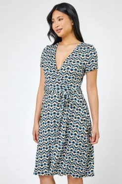 Roman Blue Petite Geo Print Jersey V Neck Wrap Dress
