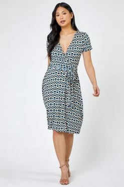 Roman Blue Petite Geo Print Jersey V Neck Wrap Dress -Roman Sales Shop unnamed file 2388