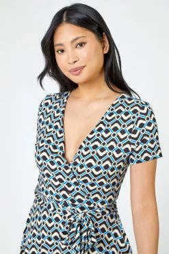 Roman Blue Petite Geo Print Jersey V Neck Wrap Dress -Roman Sales Shop unnamed file 2390