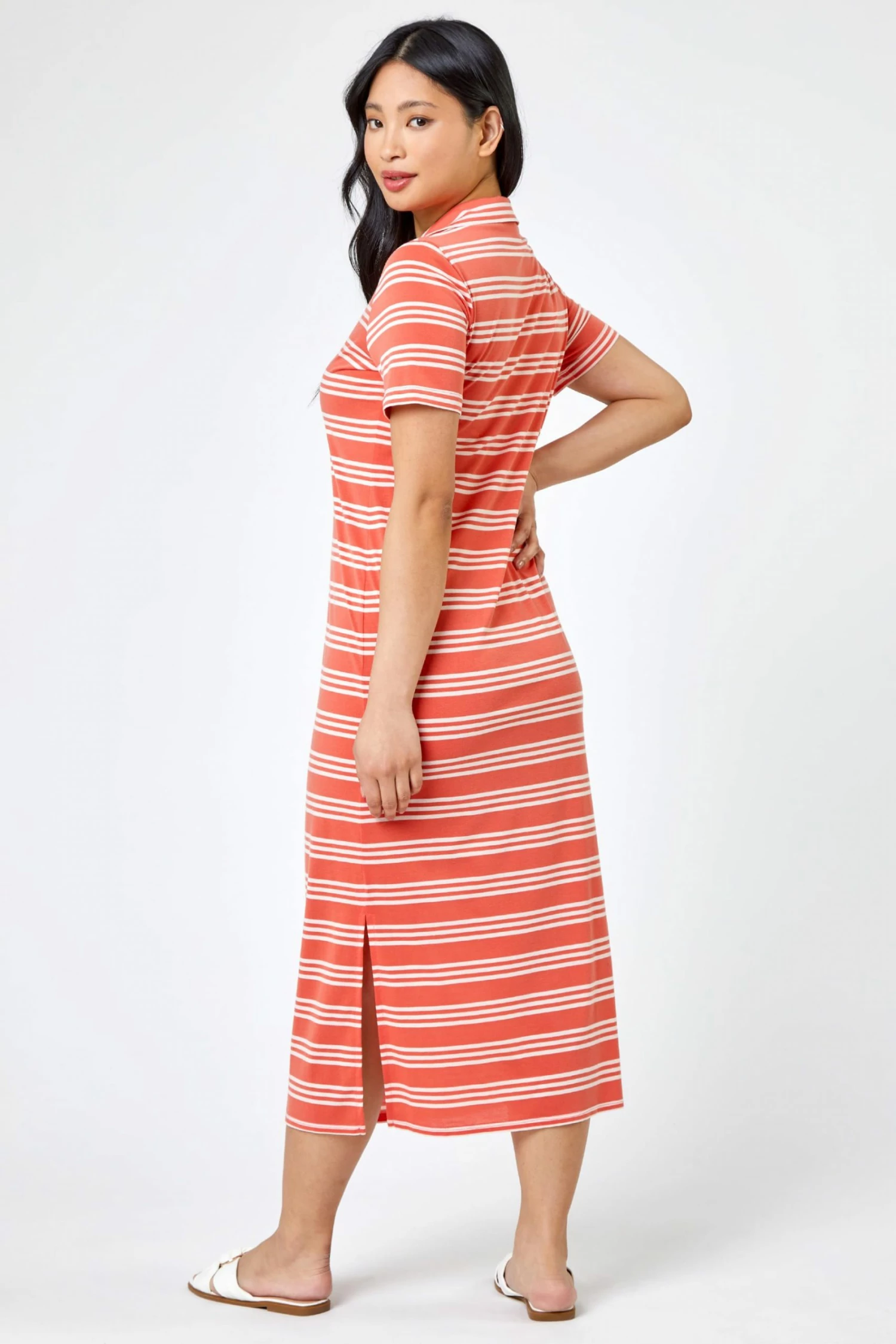 Roman Pink Petite Stripe Print Polo Shirt Dress 4 Roman Pink Petite Stripe Print Polo Shirt Dress - Image 2