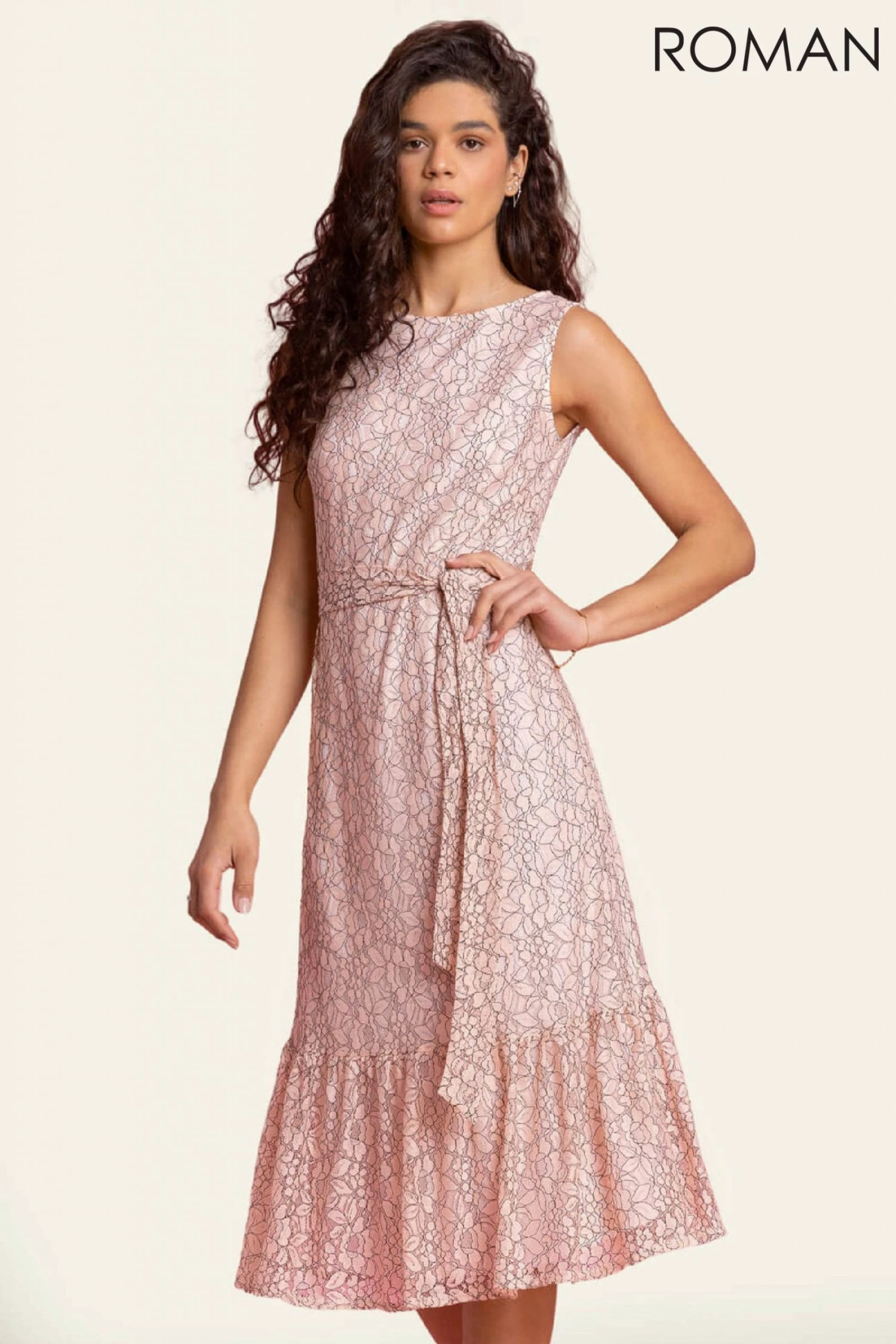 Roman Pink Belted Lace Detail Tiered Midi Dress 3 Roman Pink Belted Lace Detail Tiered Midi Dress