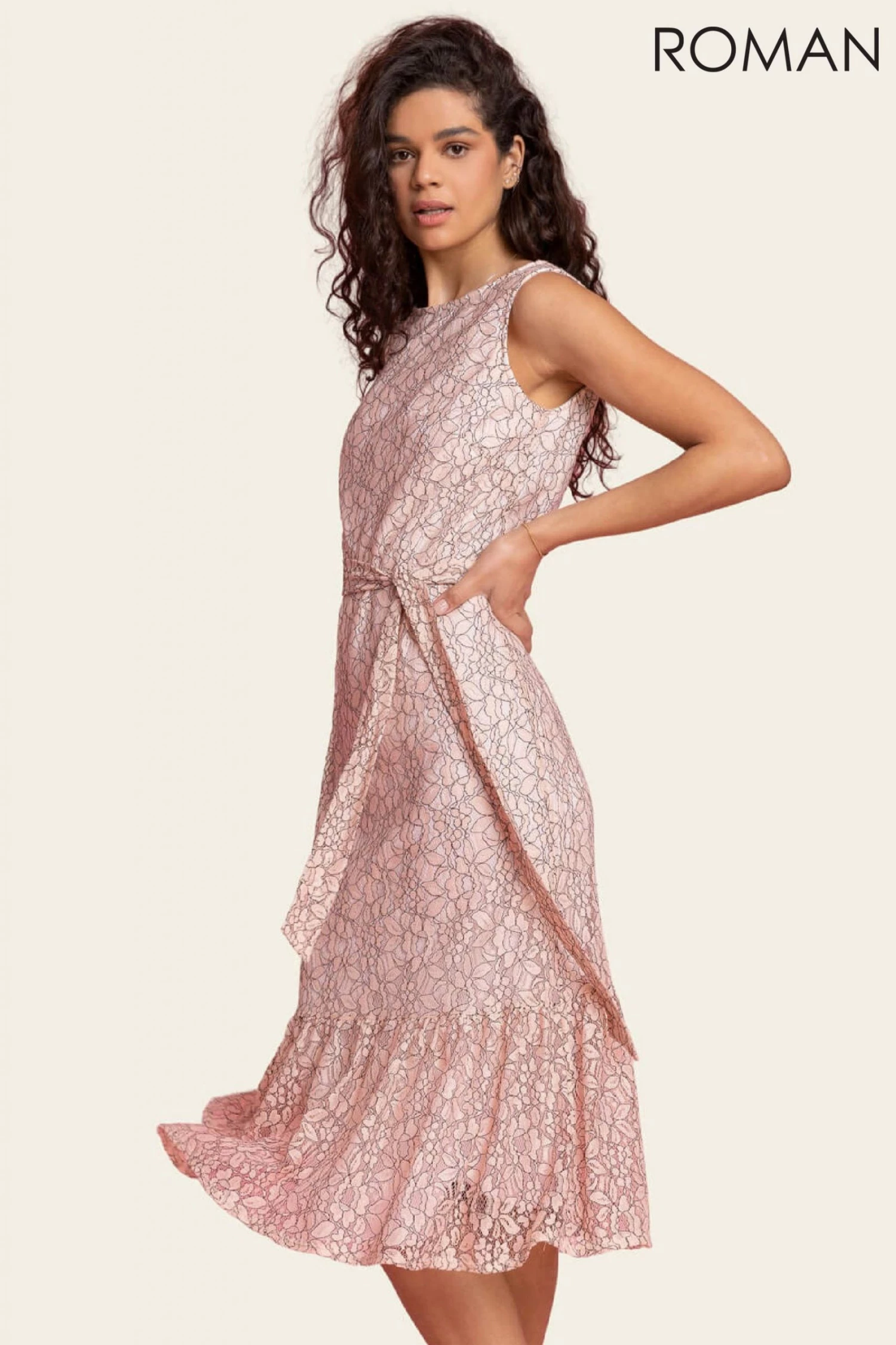 Roman Pink Belted Lace Detail Tiered Midi Dress 5 Roman Pink Belted Lace Detail Tiered Midi Dress - Image 3