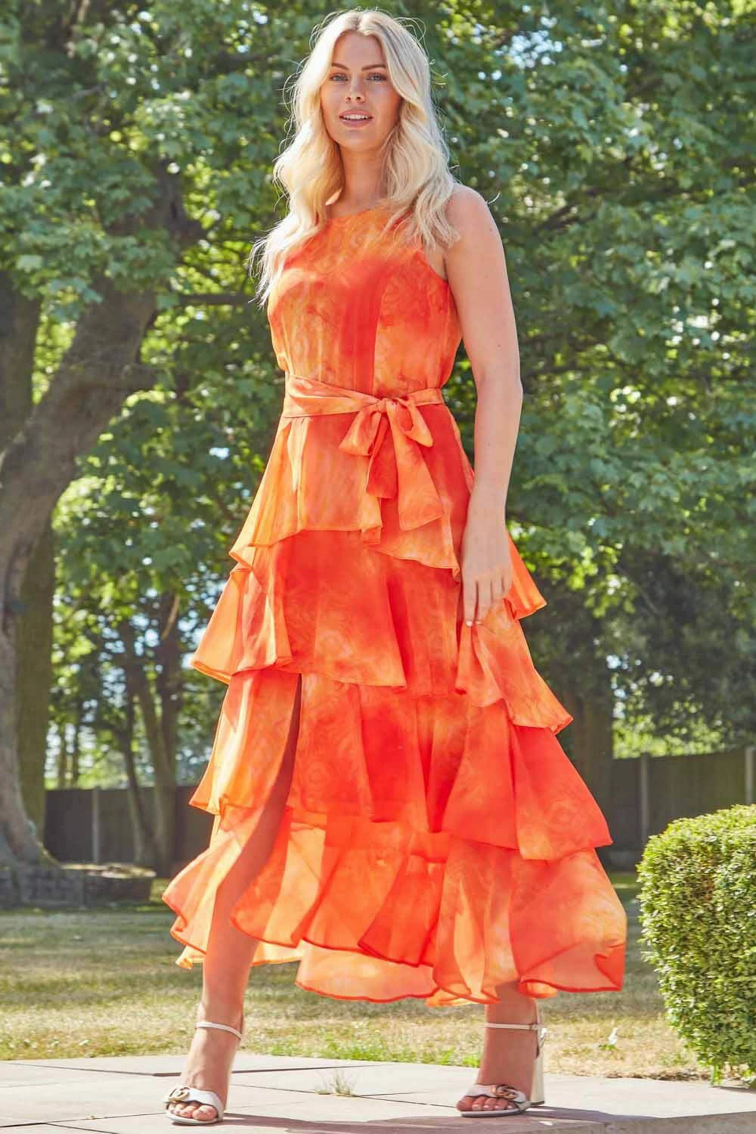 Roman Orange Tie Dye Print Layer Midi Dress 3 Roman Orange Tie Dye Print Layer Midi Dress