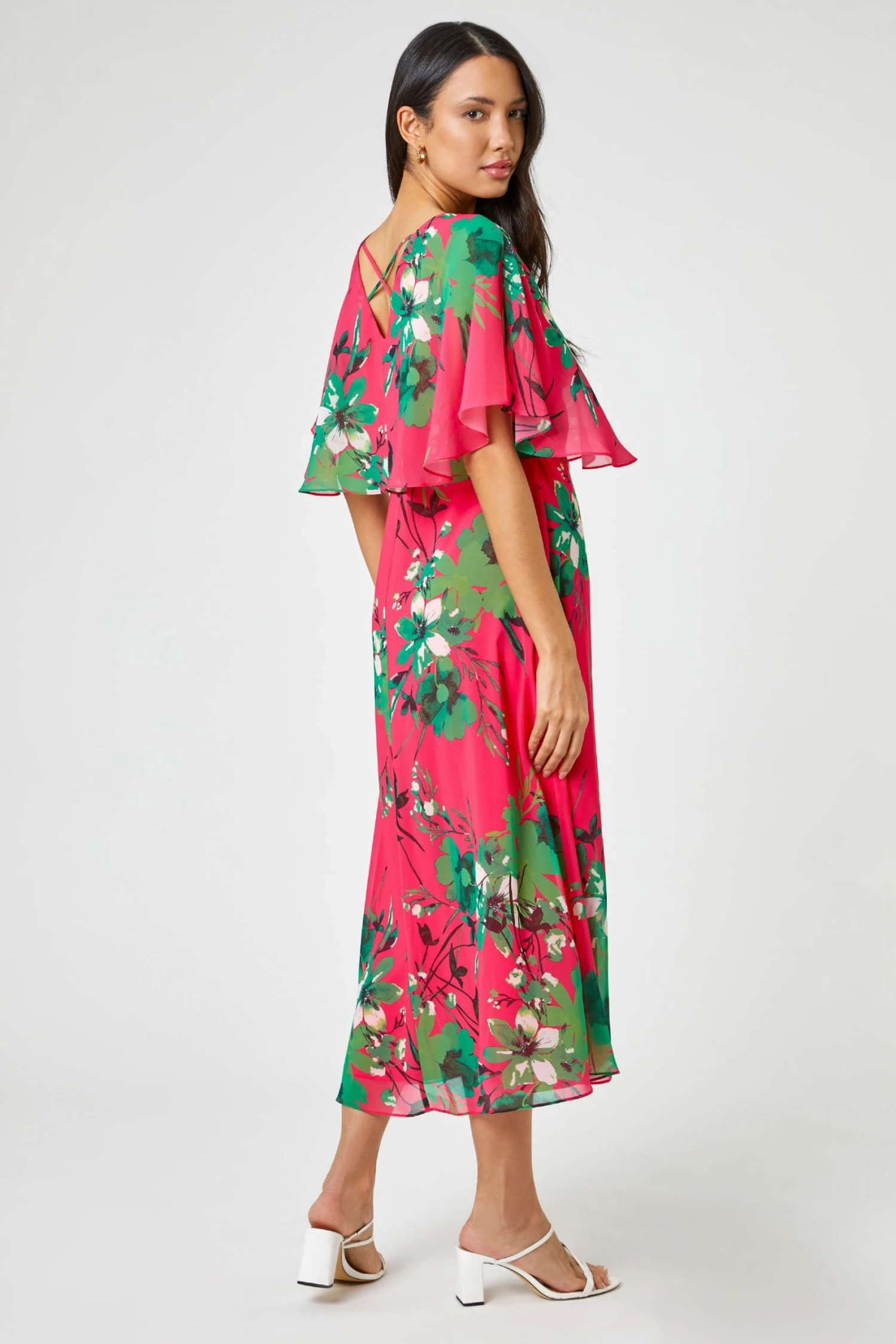 Roman Pink Floral Print Frill Cape Wrap Dress 5 Roman Pink Floral Print Frill Cape Wrap Dress - Image 3
