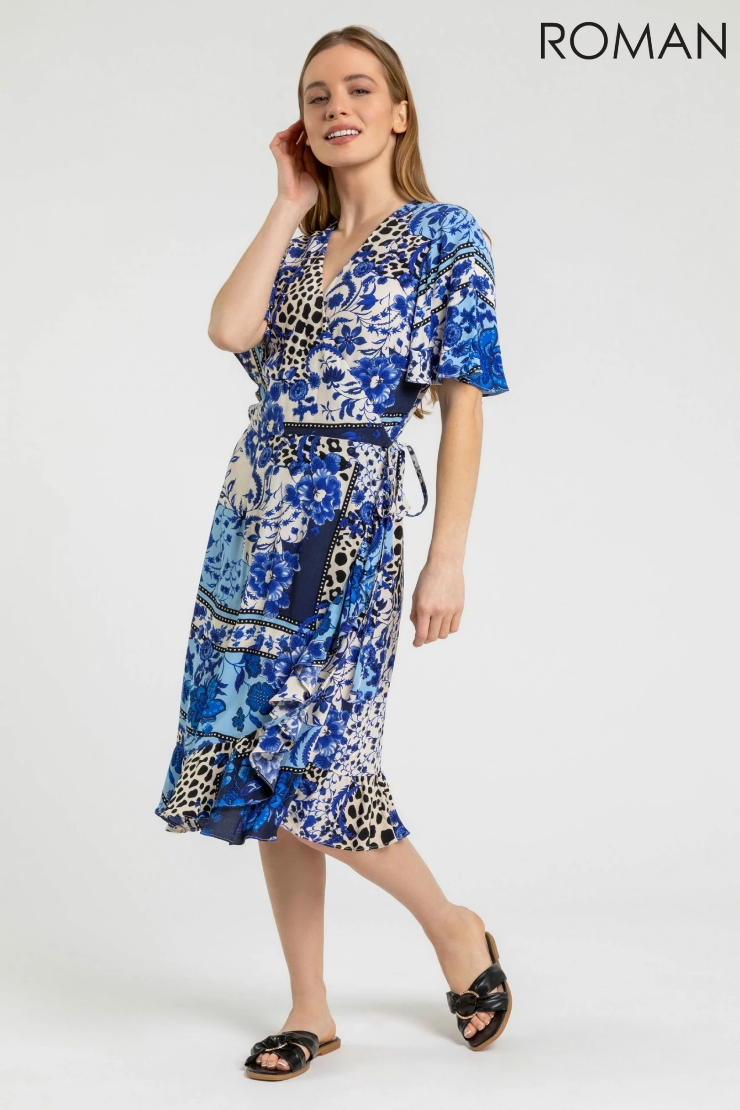 Roman Blue Petite Floral Contrast Print Wrap Dress 4 Roman Blue Petite Floral Contrast Print Wrap Dress - Image 2