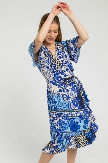 Roman Blue Petite Floral Contrast Print Wrap Dress 6 Roman Blue Petite Floral Contrast Print Wrap Dress - Image 4