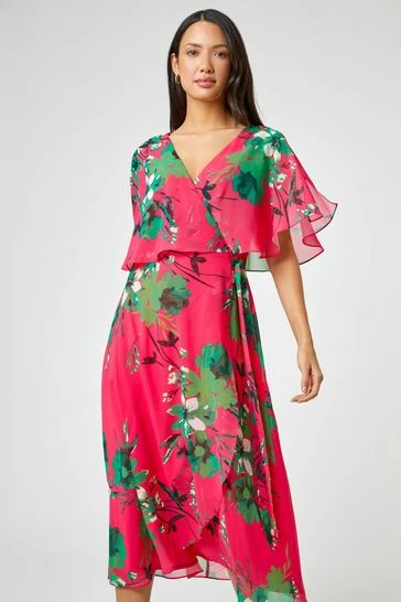 Roman Pink Floral Print Frill Cape Wrap Dress 8 Roman Pink Floral Print Frill Cape Wrap Dress - Image 6