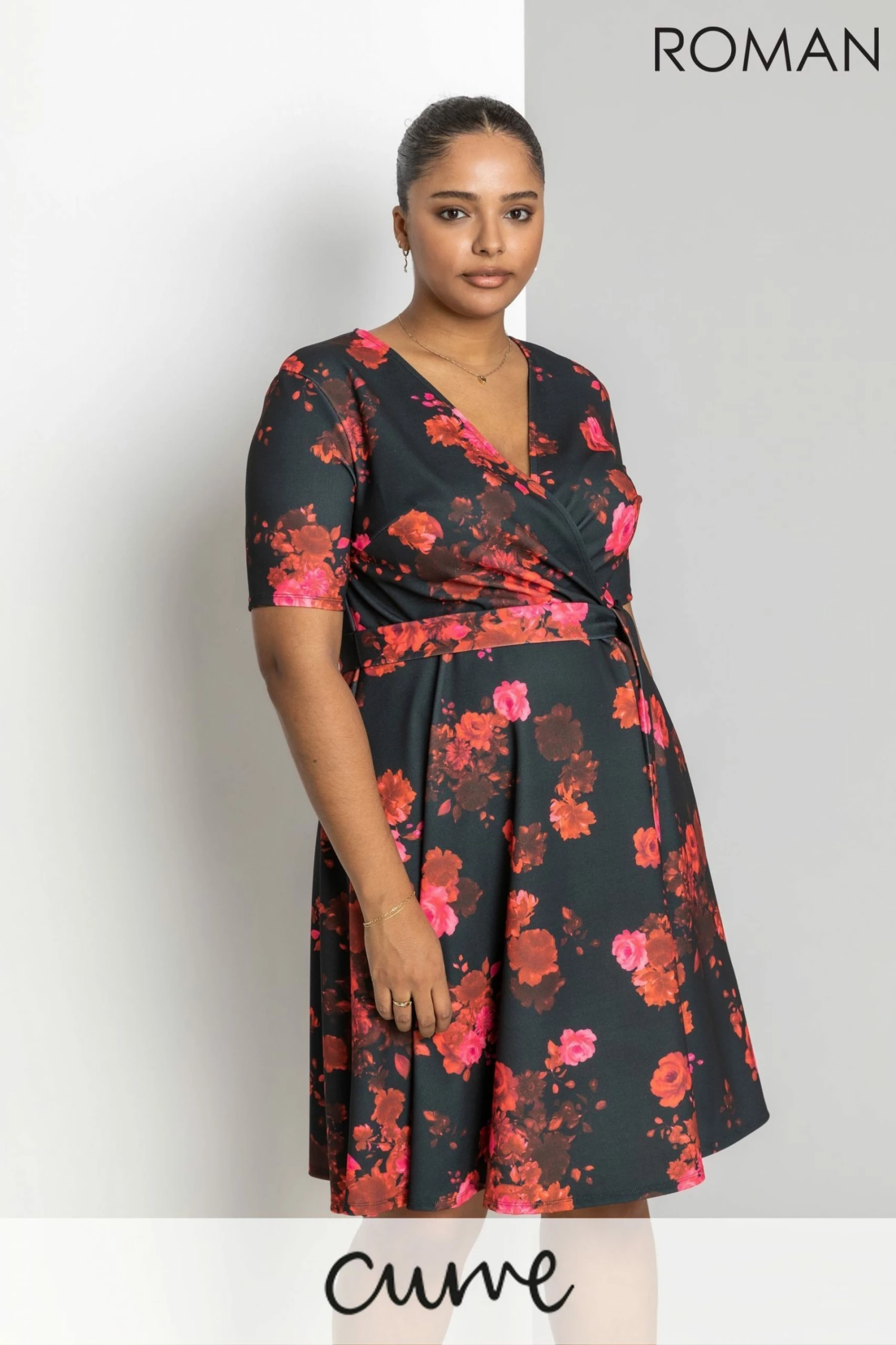 Roman Red Curve Floral Print Wrap Dress 3 Roman Red Curve Floral Print Wrap Dress