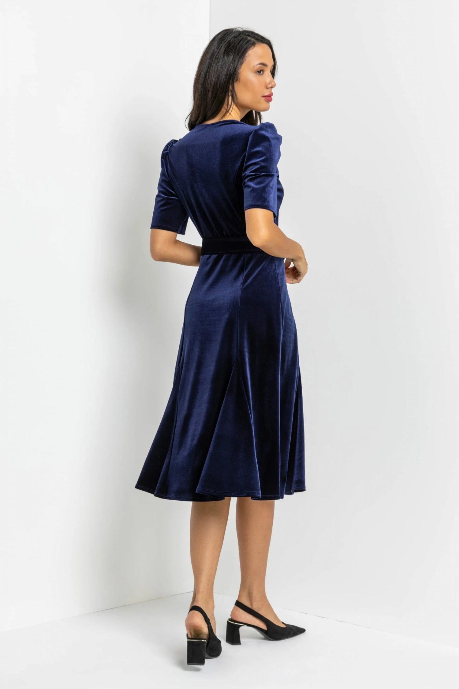 Roman Blue Velvet Buckled Belt Midi Dress 4 Roman Blue Velvet Buckled Belt Midi Dress - Image 2